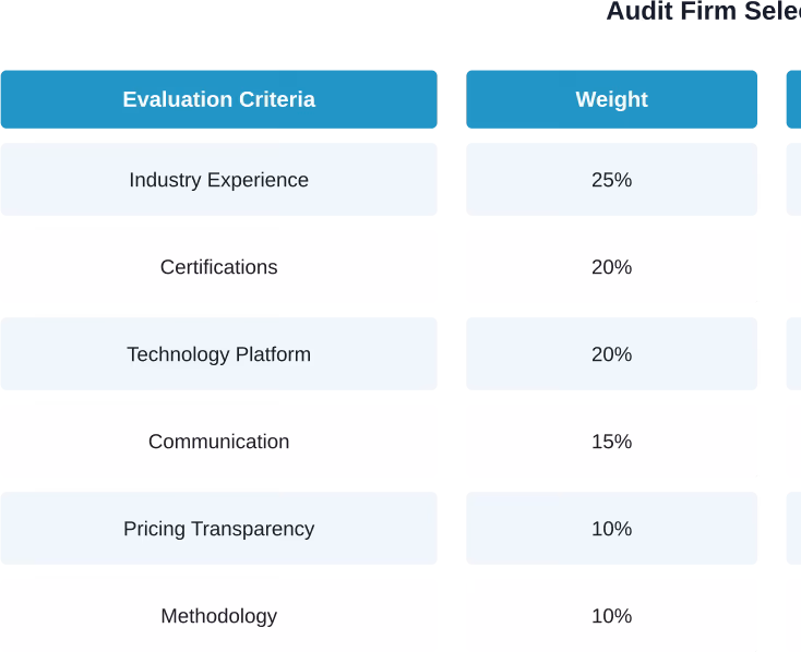 Use this weighted scorecard to systematically evaluate and compare potential audit service providers.