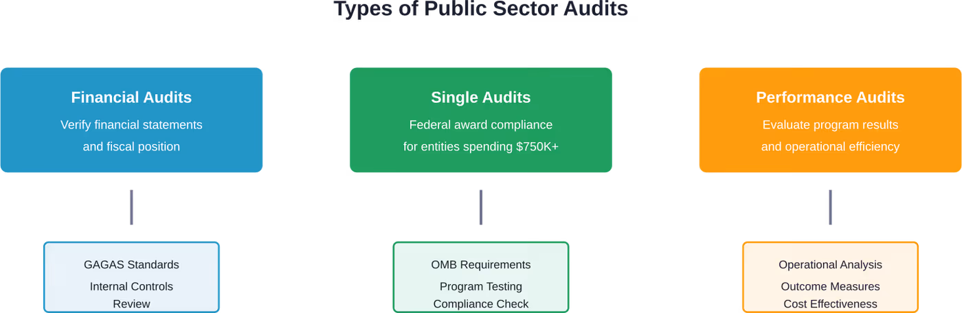 Three primary audit types serve distinct oversight functions in the public sector