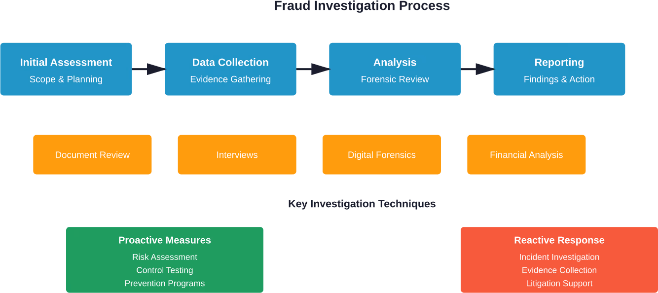 The typical fraud investigation process follows a structured approach from initial assessment through final reporting