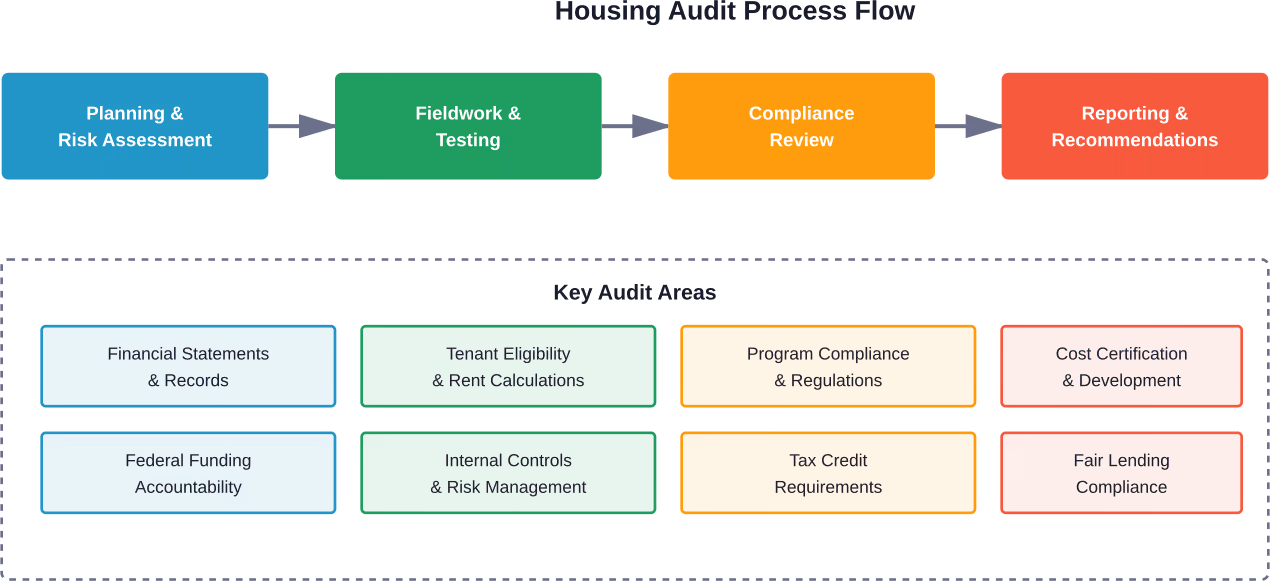Comprehensive housing audit process covering planning, fieldwork, compliance review, and reporting phases