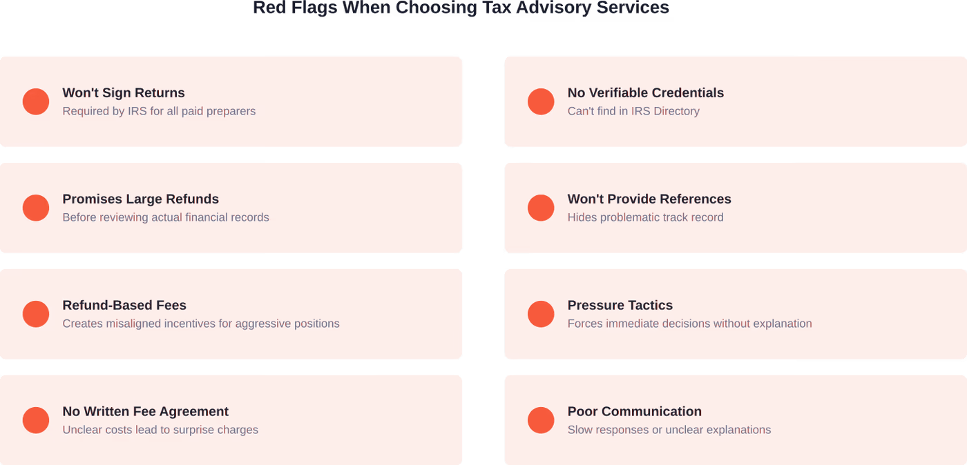 Critical warning signs to avoid when selecting tax advisory services